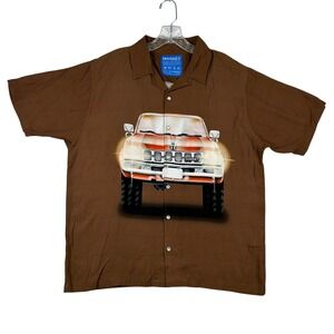 Market Shirt Mens‎ Small Brown Button Up Rayon Truck Graphic Short Sleeve Retro